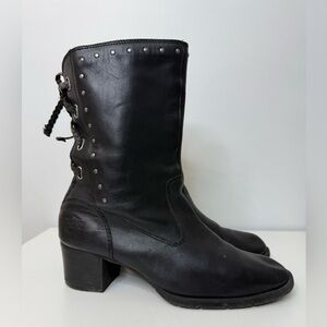 Harley Davidson Black Leather Studded Lace Up Moto Heeled Boot Women's Size 8